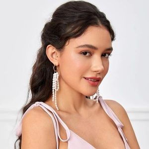 Faux Pearl Tassel Hoop Earrings